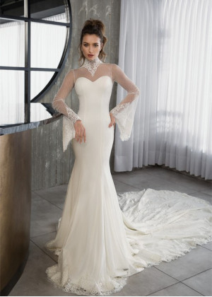 High Neck Ivory Lace Dotted Tulle Wedding Dress